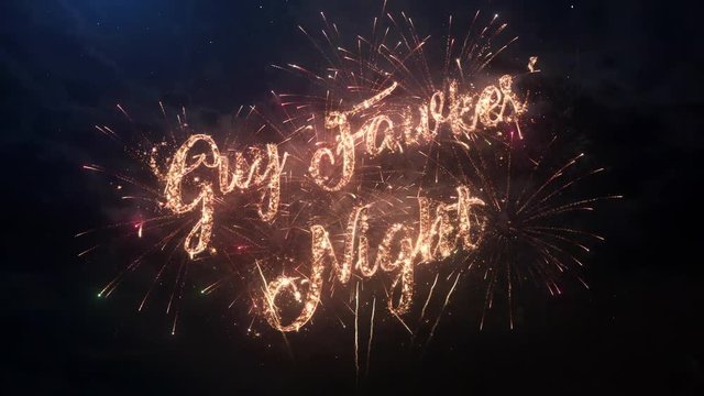 Happy Guy Fawkes' Night greeting text with particles and sparks on black night sky with colored slow motion fireworks on background, beautiful typography magic design.