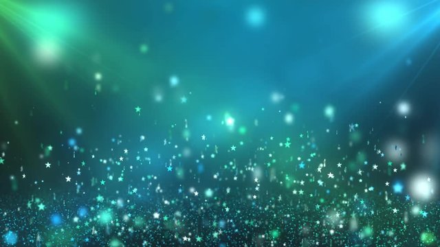 Floating Stars Shining over Green and Blue Motion Graphics Wallpaper Background. 1080p HD 30fps Loopable.