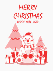 Merry Christmas and happy new year greeting card,banner with cute bear  wear Christmas costume, gifts and Christmas tree in red minimal graphic outline style Cartoon character vector.