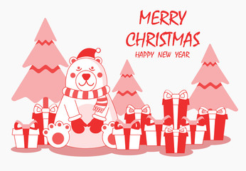 Merry Christmas and happy new year greeting card,banner with cute bear  wear Christmas costume, gifts and Christmas tree in red minimal graphic outline style Cartoon character vector.