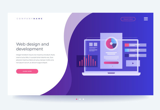 Homepage. The concept of developing mobile UI / UX interface. Laptop with interface elements. Digital industry. Innovations and technologies. Vector flat illustration for web page, banner.