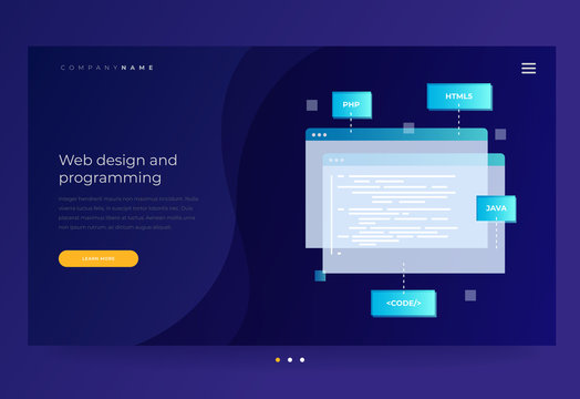 Title for the website. Concept of programming and software. Open web pages with coding and programming languages on blue background. Vector flat illustration for web page, banner, presentation.
