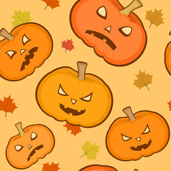 Halloween seamless pattern, pumpkins scary face, seasonal vector background