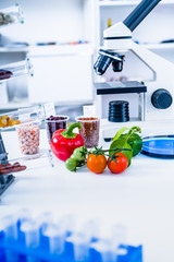Chemical Laboratory of the Food supply . Food in laboratory, dna modify .GMO Genetically modified food in lab .