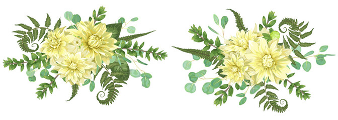 Set of vector autumn bouquets with yellow dahlias, fern leaves, boxwood, eucalyptus isolated on white background. Element of design for wedding invitations, postcards, banners, birthday