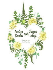 Pattern for wedding invitation, valentine, postcards, posters, save the date. Watercolor vector heart frame with flowers of yellow dahlia, fern leaf, branch of boxwood and eucalyptus is isolated