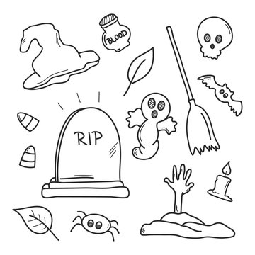 Halloween symbol set. Doodle sketch. Hand drawn illustration vector.