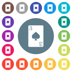Three of spades card flat white icons on round color backgrounds
