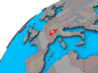 Switzerland with national flag on 3D globe.