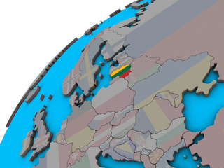 Lithuania with national flag on 3D globe.