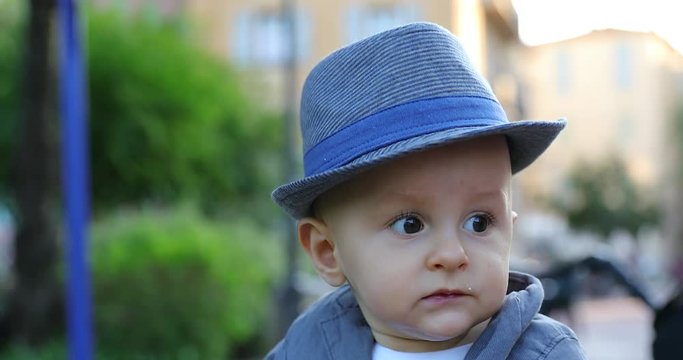 Cute Eleven Month Old Baby Boy With His Italian Hat. Close Up View Portrait - DCi 4K Resolution
