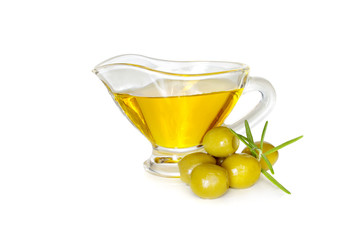 Olive oil and olives isolated on white background
