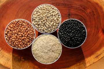 Close-up on three varieties of beans and rice