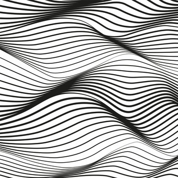 Vector monochrome striped background. Deformed black lines on white surface. Abstract op art pattern. Ripple, warped, waving lines. Tech design. Modern conceptual illusion. EPS10 illustration