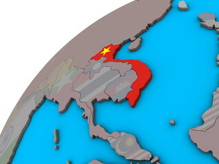 Vietnam with national flag on 3D globe.