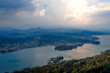 Evening view from observation tower Pyramidenkogel to mountains and lake Woerth,Carinthia,Austria