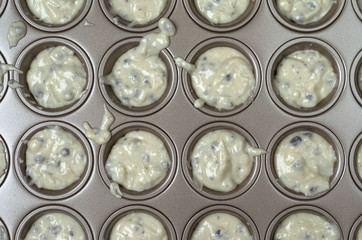 Top view of blueberry muffin batter in a mini muffin baking pan.