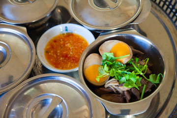 Eggs and pork stewed in the gravy, Thai food.Thailand cuisine called 