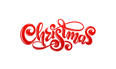 Vector Merry Christmas Calligraphic Inscription handwritten decorated lettering red text. Holidays design greeting card