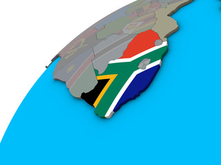 South Africa with national flag on 3D globe.