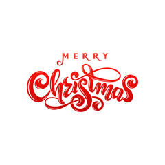 Vector Merry Christmas Calligraphic Inscription handwritten decorated lettering red text. Holidays design greeting card