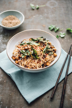 Food: Eggplant, bok choy and miso stir fry with rice noodles