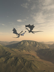 Fototapeta premium Friendly Dragon Companions Latanie nad Mountain Landscape - fantasy ilustracji