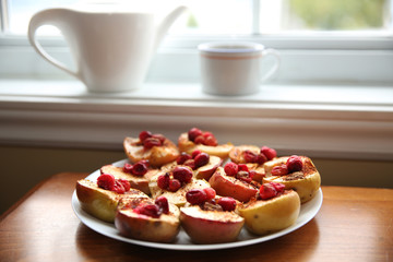 breakfast on a table of baked apples and a cup of tea for a diet