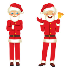 Happy man in Santa Claus costume standing with different action arms crossed and ringing bell