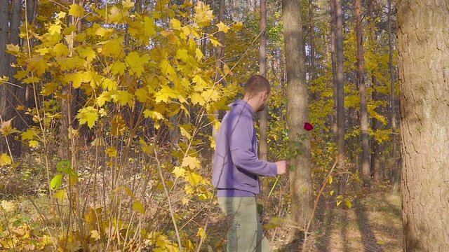 man with red roses waiting for his beloved woman on a date in the autumn forest