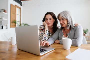Mother and her daughter using laptop at home.