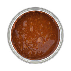 Top view of an open can of hot dog chili sauce isolated on a white background.
