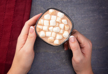 Woman Holding a Cup of Hot Chocolate with Marshmallows on a Dark Table