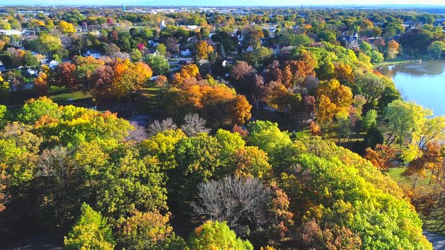 Dazzling aerial view of Autumn colors and scenic river, Kaukauna Wisconsin.
