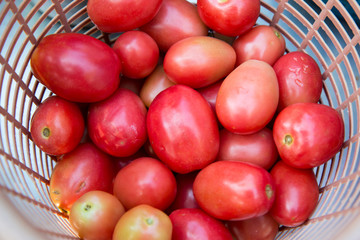 photo of very fresh tomatoes presented on basket background.red tomatoes background. Group of tomatoes.