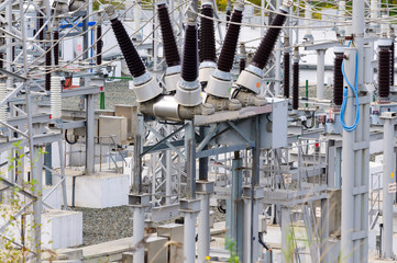 Distribution electric substation with power lines and transformers