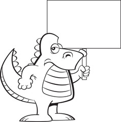 Black and white illustration of an angry dinosaur holding a sign.
