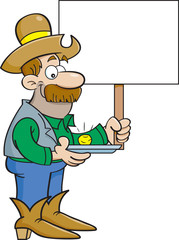 Cartoon illustration of a prospector with a gold nugget holdling a sign.