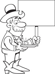 Black and white illustration of a prospector with a gold nugget holdling a sign.