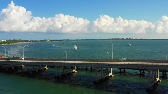Aerial cinematic shot of Rickenbacker Causeway Key Biscayne Miami