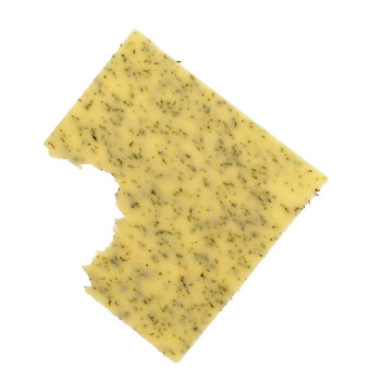 Top view of a bitten slice of garlic cheddar cheese isolated on a white background.
