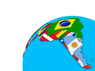 Latin America with national flags on 3D globe.