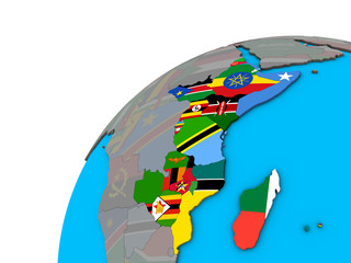 East Africa with national flags on 3D globe.