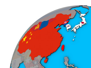 East Asia with national flags on 3D globe.