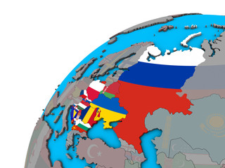 Eastern Europe with national flags on 3D globe.