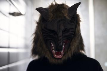 Human model with wolf mask. halloween