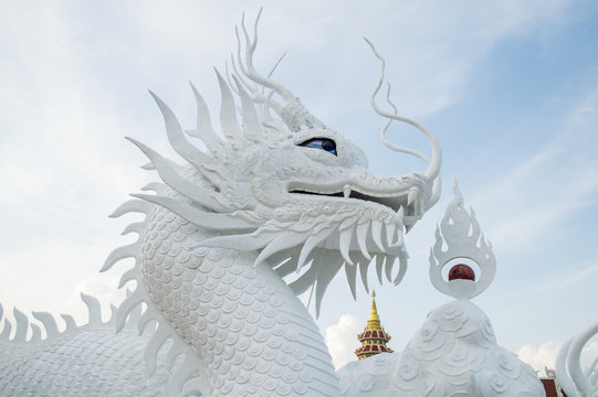 The beautiful Chinese dragon sculpture of Wat Huay Pla Kung temple in Chiang Rai province of Thailand.
