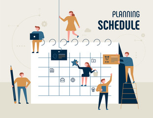 small people are making giant calendar for planning schedule. flat design style vector graphic illustration.