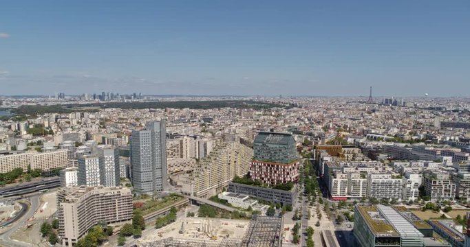 France Paris Aerial v24 Panoramic cityscape view from Billancourt Rives de Seine with water and construction views 8/18