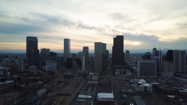 4k aerial drone footage of the city of Denver, Colorado at sunset